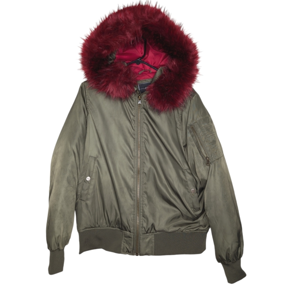 BNCI Women's Green Zip Up Puffy Bomber Jacket with Red Faux Fur Hood Size Large